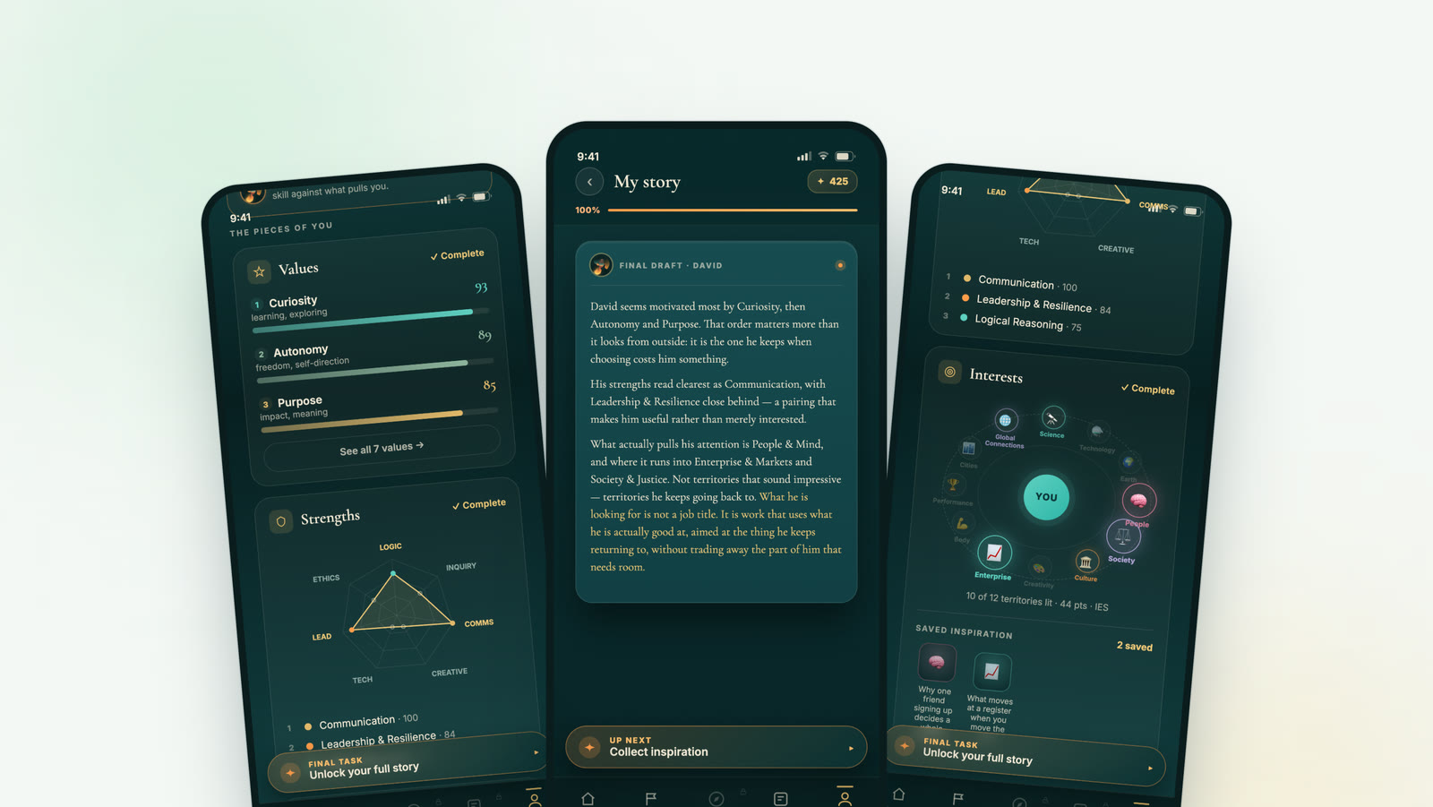 Laikan app screens: a student's values, their My Story draft, and their interests orbit