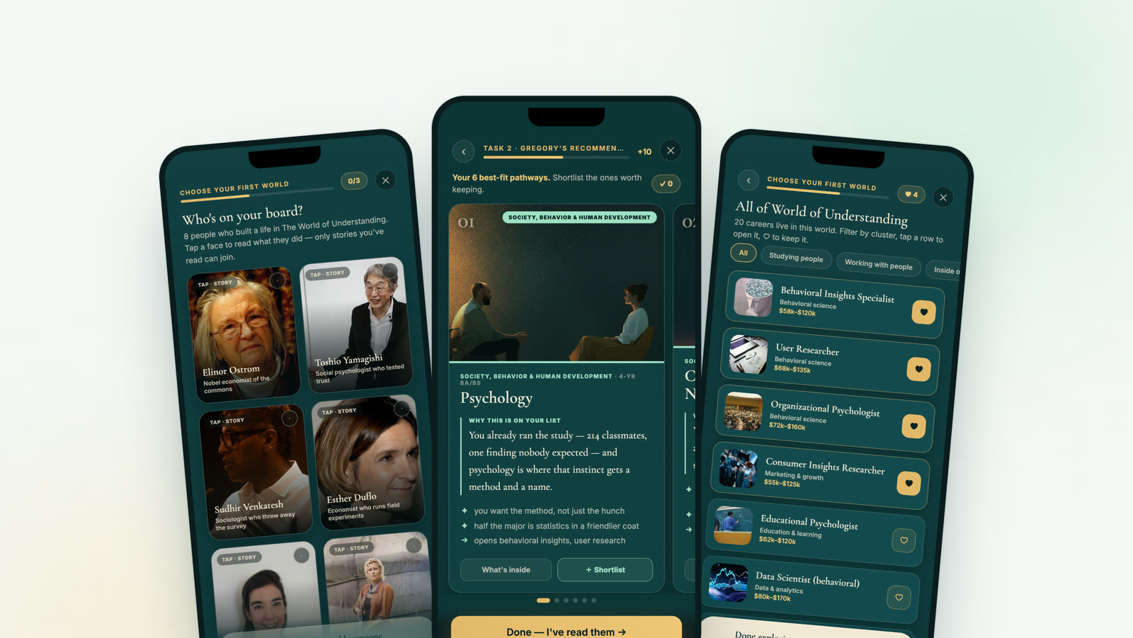 Laikan app screens: role models from a chosen world, a pathway card, and the careers inside that world